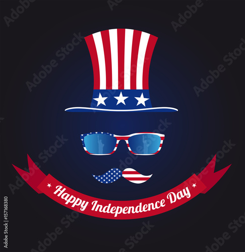 Glasses and mustache design of the American flag. Hat of Uncle Sam. Statue of Liberty in reflection. National holiday in United States of America Independence Day. Vector illustration EPS 10.