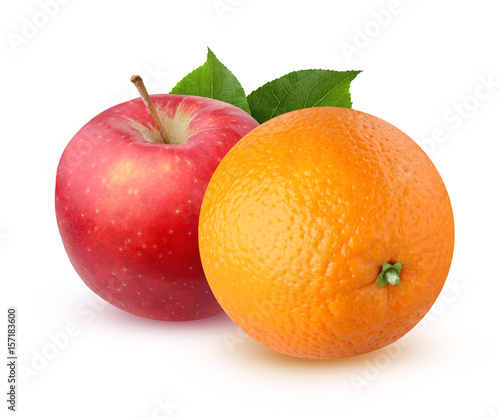 Orange and Apple with leaves, isolated on white background.