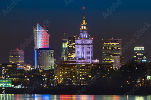 Night panorama of Warsaw skyline