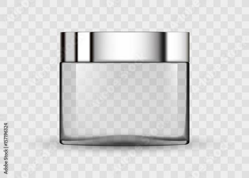 Glass transparent jar for cosmetic cream. 3d transparent realistic cosmetic package icon empty tubes on transparent background vector illustration. Cosmetic package for cream.