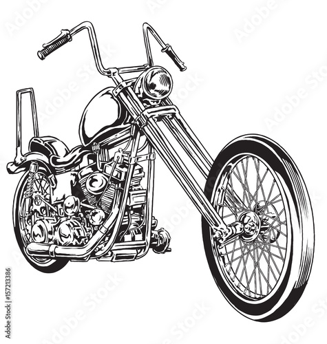 Hand drawn and inked vintage American chopper motorcycle