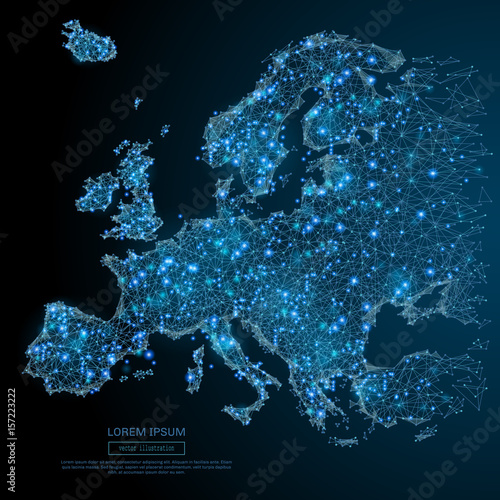 Polygonal Europe map. World concept. Vector map mesh spheres from flying debris. Thin line concept. Blue structure style illustration