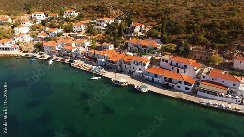 Aerial drone photo of natural fjord of Gerakas and small village, Peloponnese, Greece