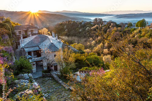 Sunrise on the picturesque village of Vitsa in Zagori area, Northern Greece