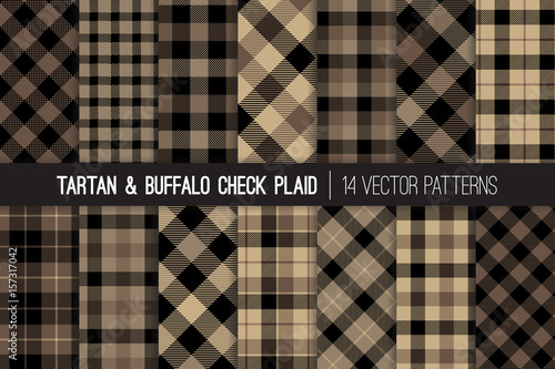 Brown Tartan and Buffalo Check Plaid Vector Patterns. Hipster Lumberjack Flannel Shirt Fabric Textures. Men's Fall or Winter Fashion. Father's Day Background. Pattern Tile Swatches Included.