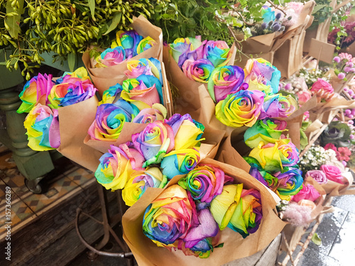 Rainbow Roses Bouquet in a Florist Shop
