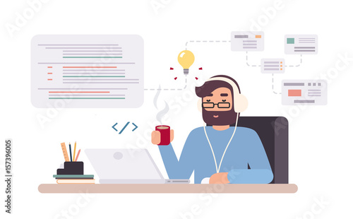 Web-developer works on laptop. Horizontal banner with young programmer on job. Colorful vector illustration in flat style.