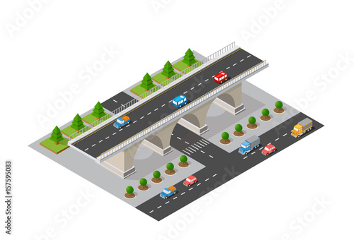 The bridge skyway of urban infrastructure is isometric for games, applications of inspiration and creativity. City transport organization objects in 3D dimensional form