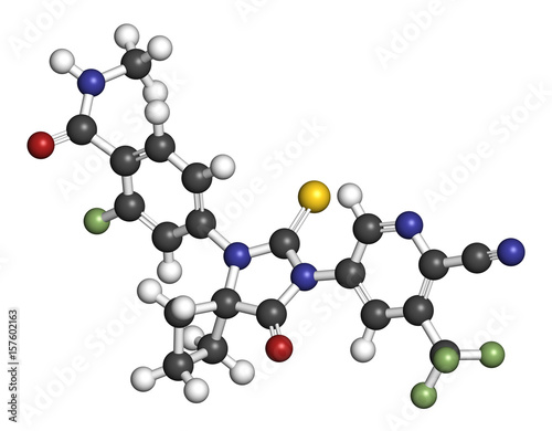 Apalutamide prostate cancer drug molecule. 3D rendering. Atoms are represented as spheres with conventional color coding.