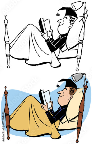 A man in pajamas and a nightcap reading a book in bed.