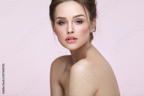 Beauty Woman Face. Beautiful Sexy Female With Makeup, Hairstyle