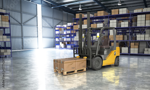 Concept of warehouse The forklift in the big warehouse delivery background 3d illustration