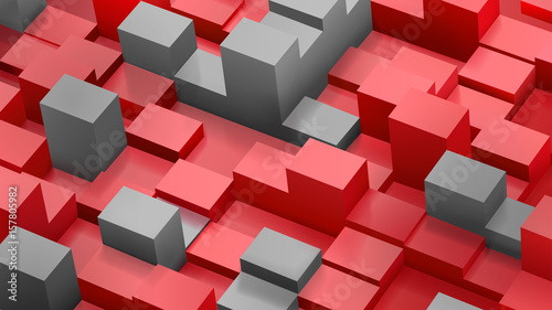 Abstract background of cubes and parallelepipeds in red and gray colors