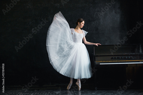 Young and incredibly beautiful ballerina is posing in a black studio