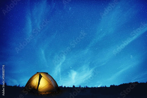 Illuminated camping tent at night