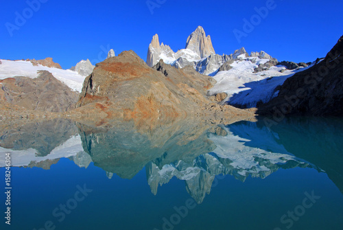 Beautiful reflection of Mt Fitz Roy, Laguna de Los Tres in Los Glaciares National Park, Patagonia, Argentina, South America