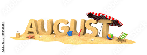 AUGUST- word of sand. 3d illustration