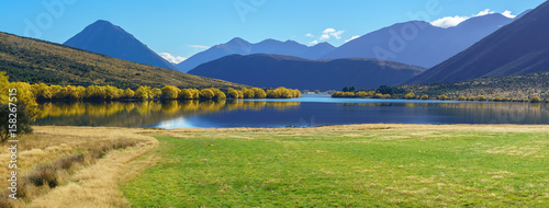 Panoramic image of beautiful scenery of Lake Pearson (Moana Rua) in Autumn , Arthur's pass National Park , South Island of New Zealand