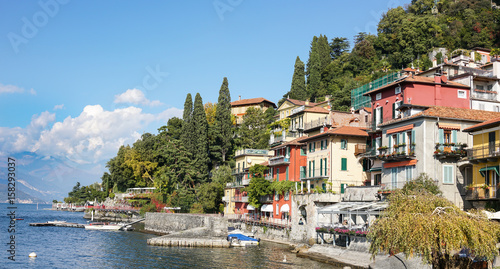 Beautiful promenade along the Lake Como coast in Varena town, Italy.