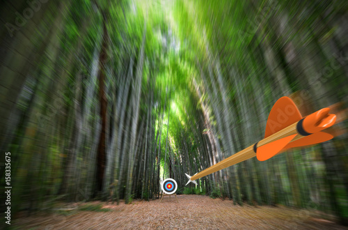 High speed arrow flying through blurred bamboo forest with archery target in focus, part photo, part 3D rendering
