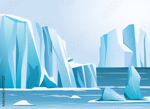 Vector illustration arctic landscape iceberg and mountains. Winter background.