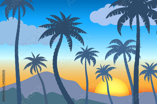 landscape with palm trees silhouette on sunset background