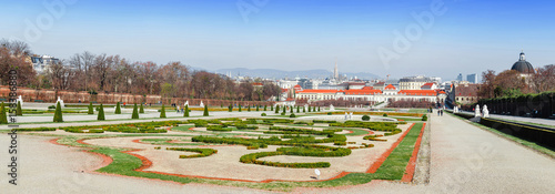 Panoramic view of the main tourist attractions of the city of Vienna from the territory of the Belvedere palace complex and the green park in the baroque style
