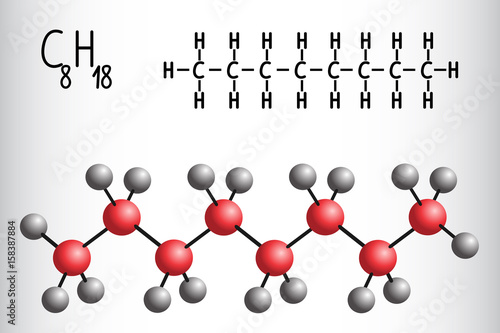 Chemical formula and molecule model of Octane C8H18