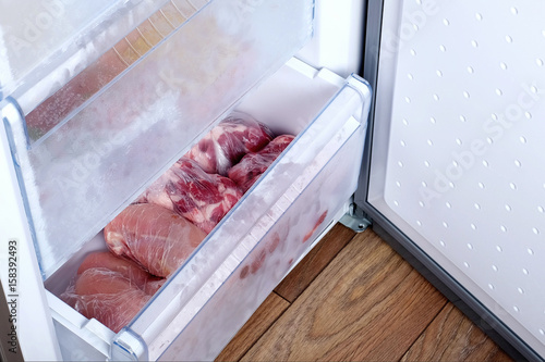 chicken beef and pork Packed in plastic bags in the freezer