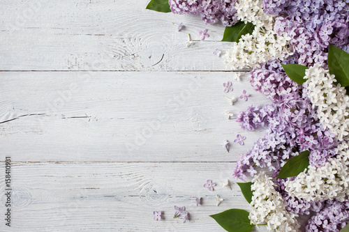 White wooden background with flowering lilac branches, blooming flowers, space for text greeting