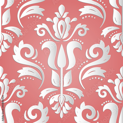 Seamless oriental white ornament. Fine vector traditional oriental pattern with 3D elements, shadows and highlights