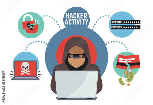 Online security and protection, criminal hacker spies in internet. Online money thief vector concept