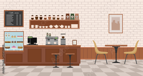 Empty cafe interior. Flat design vector illustration