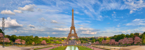 Panoramic image of Eiffel tower from Trocadero in Spring.