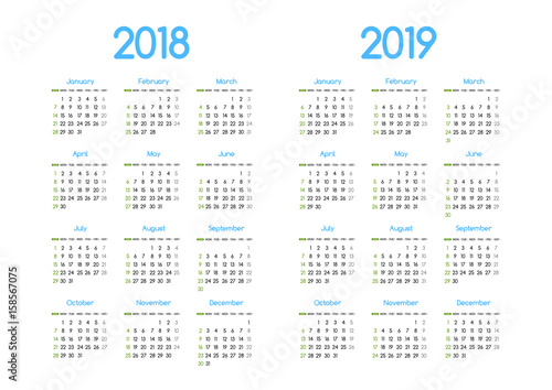 New year 2018 and 2019 vector calendar modern simple design with round san serif font,Holiday event planner,Week Starts Sunday