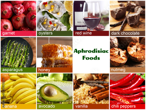 Collage of aphrodisiac food. Meal for stimulating sexual desire