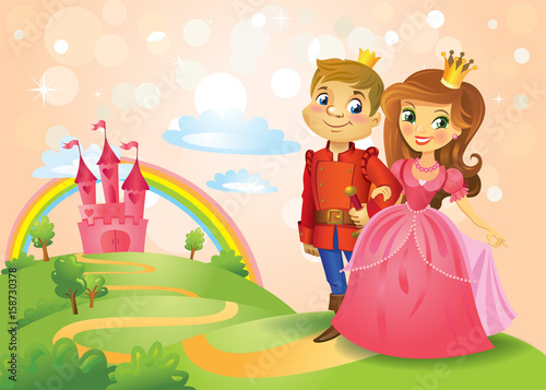 Fairy tale castle and beautiful Princess and Prince