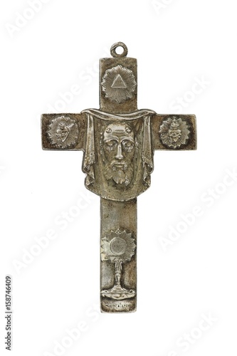 Old silver cross with a Christogram by Ludovic Penin, 19th century, against white background