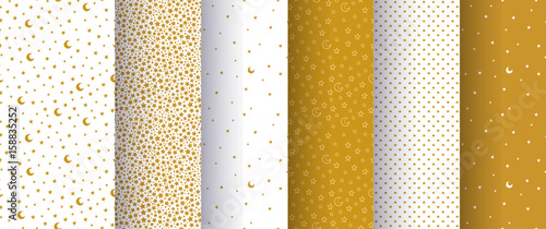 Set of seamless simple abstract patterns with gold or yellow stars and moons on white background.
