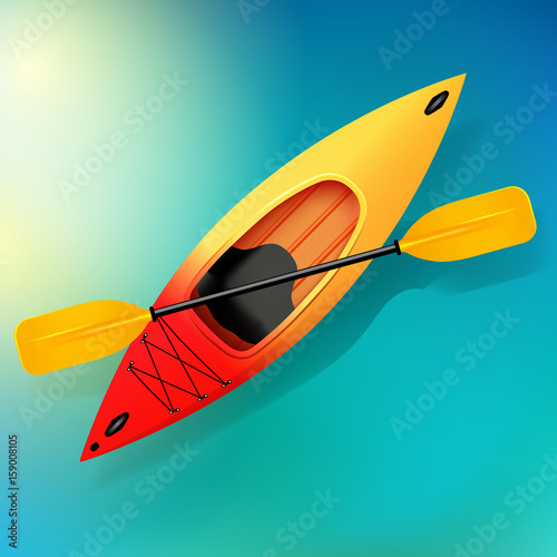 Kayak and paddle. Vector illustration of Outdoor activities Yellow kayak isolated, sea kayak