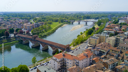 Aerial video shooting with drone on Pavia, famous Lombardia city near the Ticino river in northern Italy