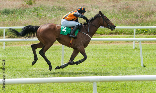 Jockey and racehorse running on the race track