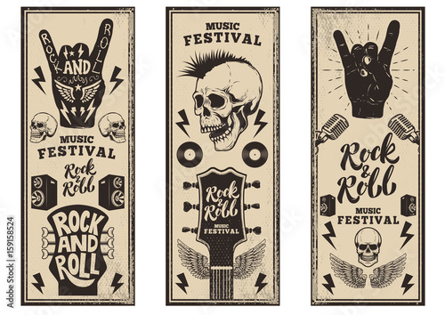 Rock and roll party flyers template. Vintage guitars, punk skull, rock and roll sign on grunge background. Vector illustration