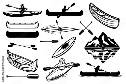 Set of the kayaking sport icons. Canoe, boats, oars mans. Design elements for logo, label, emblem, sign. Vector illustration