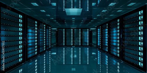 Dark server room data center storage 3D rendering