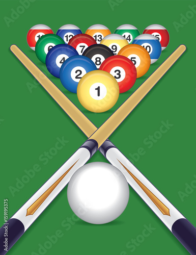 billiard balls and cue ball with cue sticks crossed on green felt background