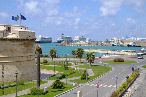 View on the port of Civitavecchia and a tower of the Forte Michelangelo.