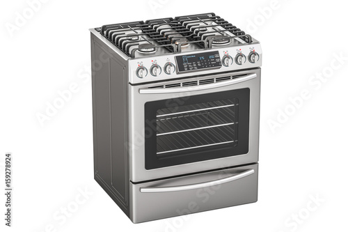 Steel gas cooker with oven, 3D rendering