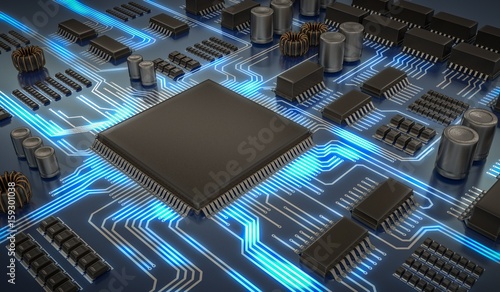 3D rendered illustration of electronic circuit with microchips and glowing signals.