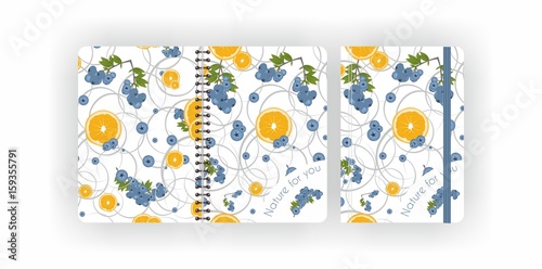 Notepad template. Notebook with fruit bilberries and oranges. Vector set.